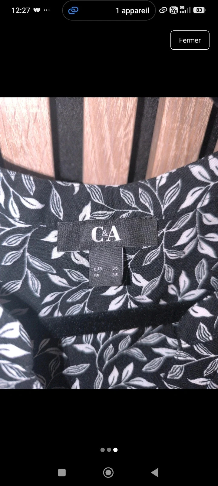 C&A zwarte jurk met wit bladmotief, 3/4 mouwen - Maat 38 – photo 3